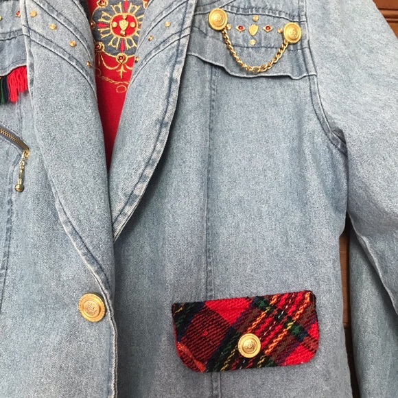 Vintage 80s Cropped Denim Jacket & Top Set, City Girl, Jean Plaid Blazer, Medium - Picture 7 of 16